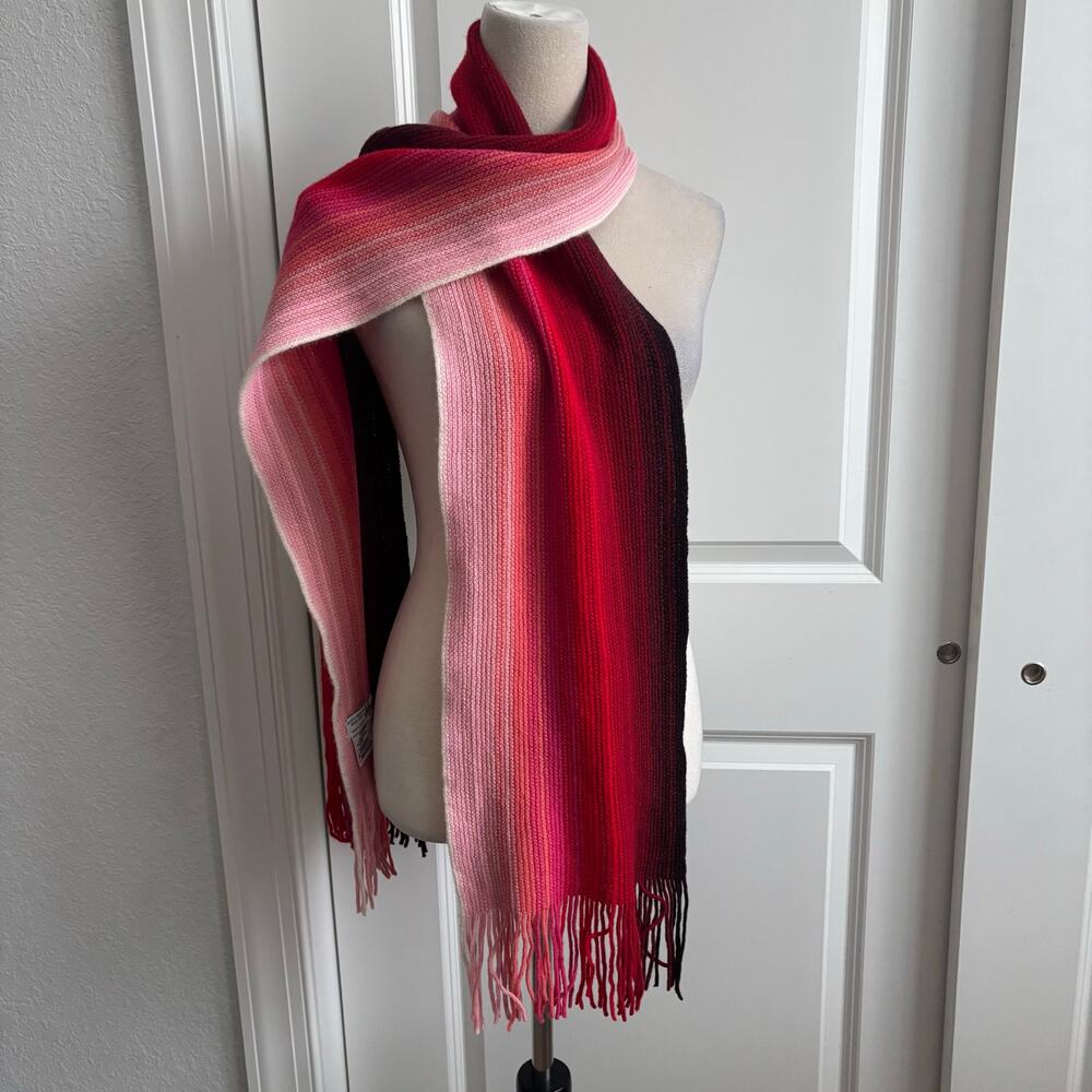 William Brunton Hand Knits 100% Lambswool Scarf Scotland Pink Red Ombre Fringe‎